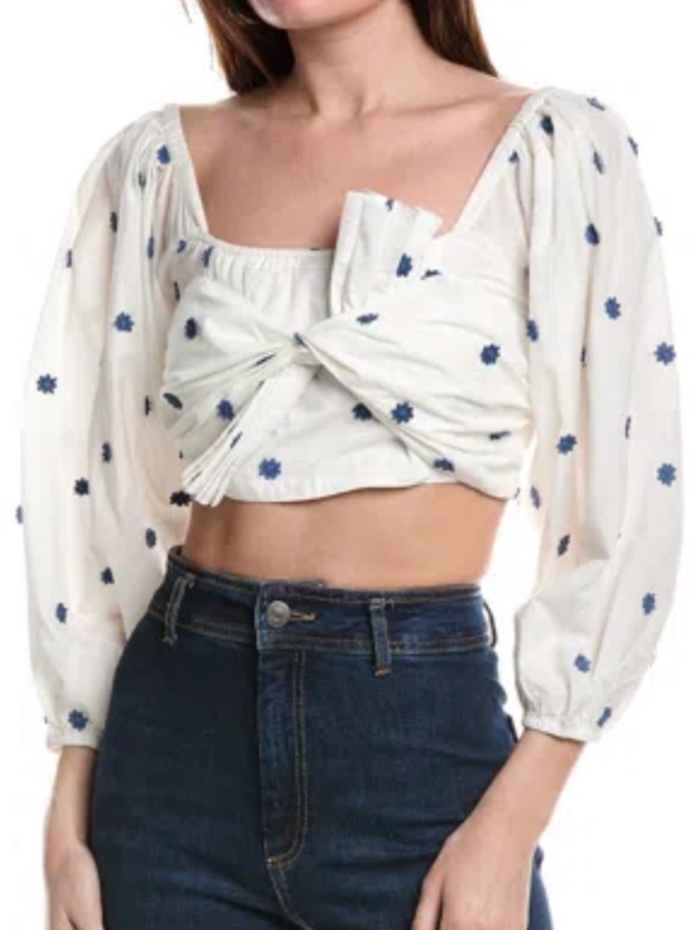 FARM RIO Blue Flowers Crop Top In White
